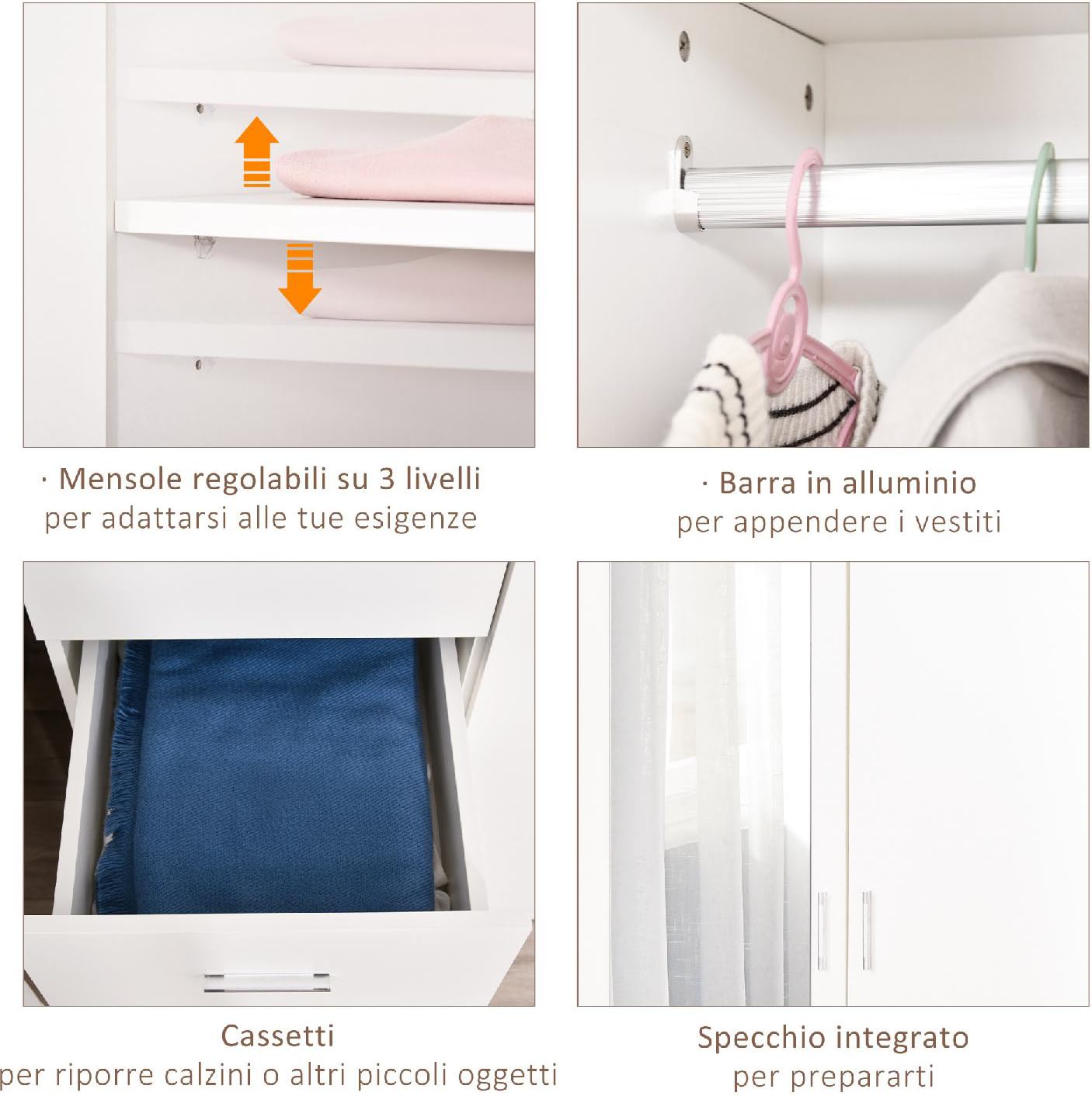 Armadio camera letto Guardaroba 2 Ante Battenti con Asta Appendiabiti 3 Cassetti e Specchio 80x50xH180 cm in Legno Truciolare colore Bianco
