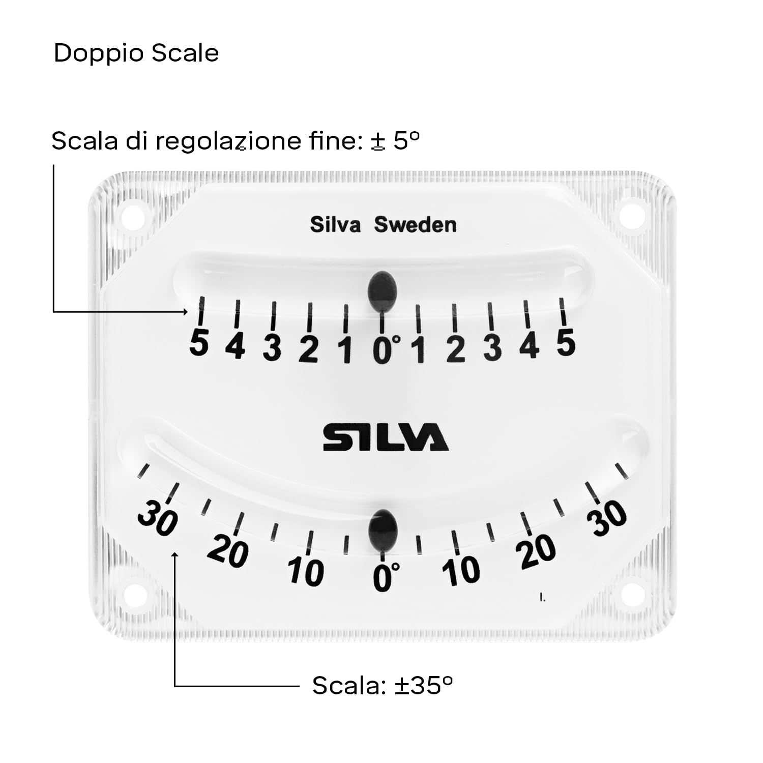 Silva Clinometro - Inclinometro con Due Scale - Scala di Precisione ± 5° e Scala ±35° - 1x8x10 cm - Per Verificare l'Angolo di Sbandamento su Barche a Vela o per Veicoli - Inclinometro Camper