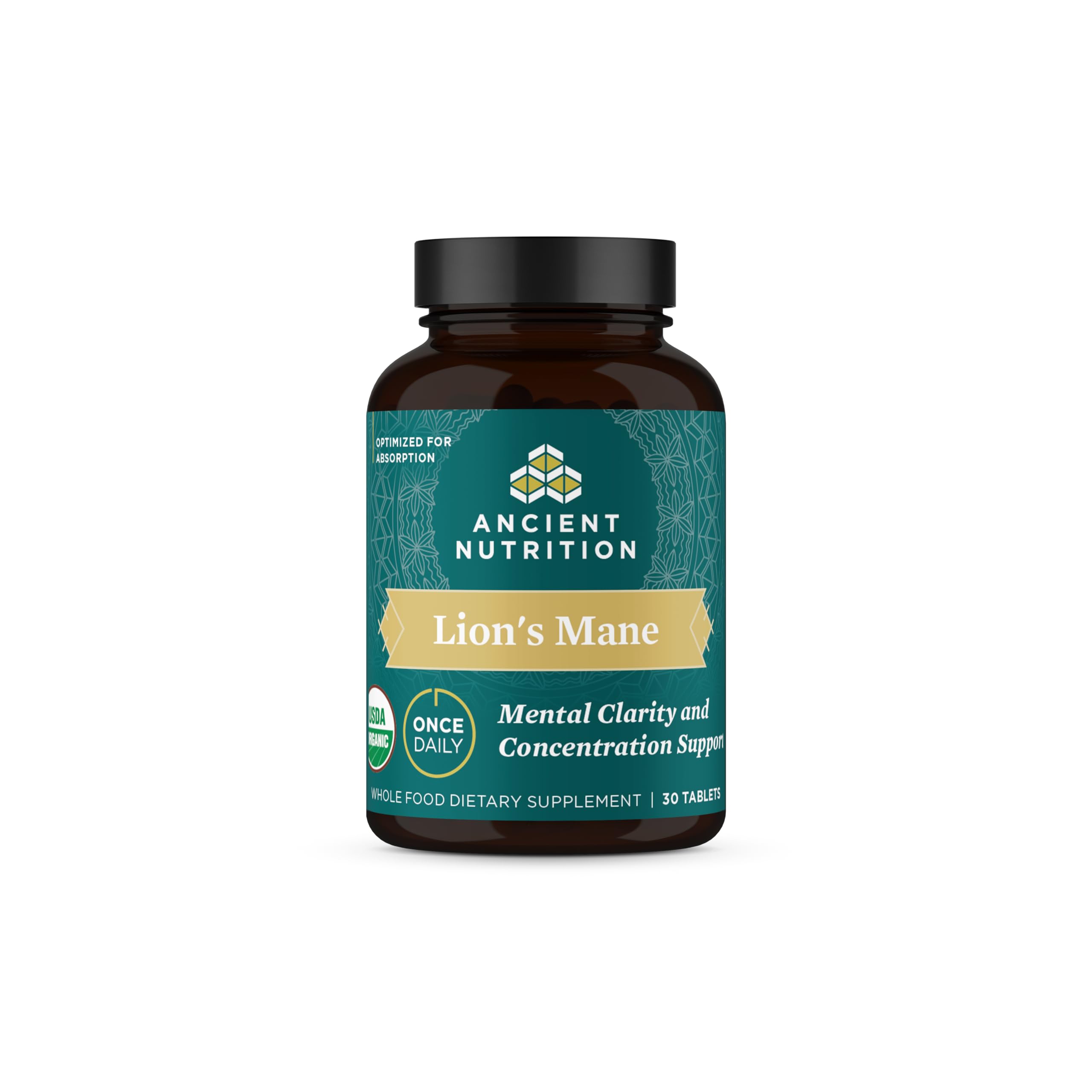 Organic Lion's Mane Mushroom Supplement with Ashwagandha by Ancient Nutrition, Organic Lion's Mane Supports Healthy Energy and Concentration, Reduces Fatigue, Gluten Free and Keto Friendly, 30 Tablets