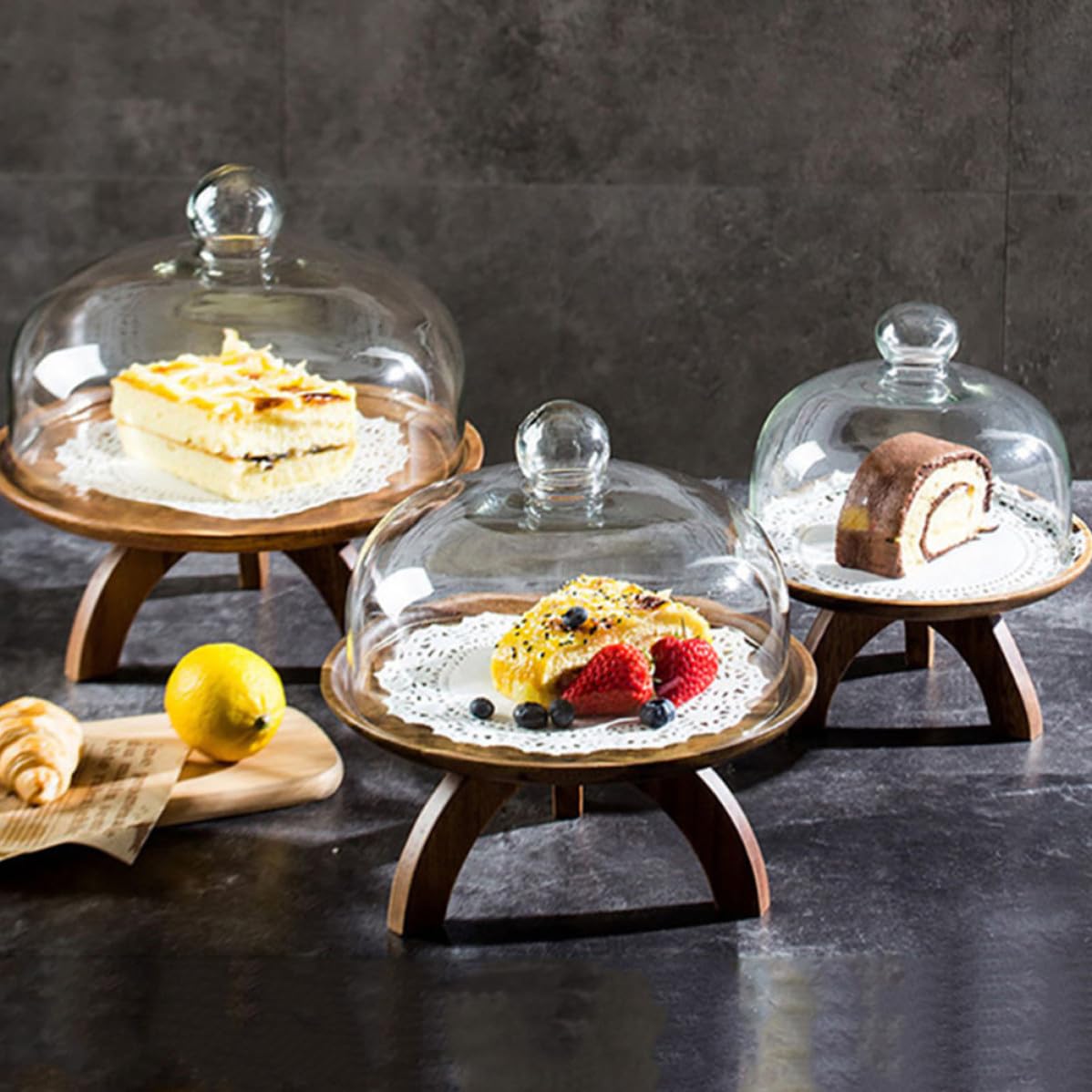 Transparente Cubierta y Redonda de Postre de Vidrio para Tartas Frutas