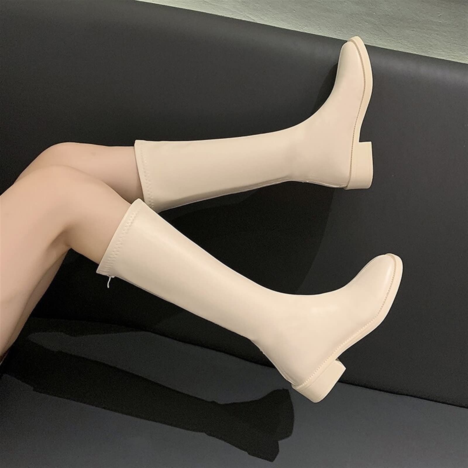 Botas para Mujer Botas de Montar Zapatos de Mujer Cuero Real Tacón Medio Botas hasta la Rodilla Punta Cuadrada Tacones con Cremallera Botas largas Otoño Invierno