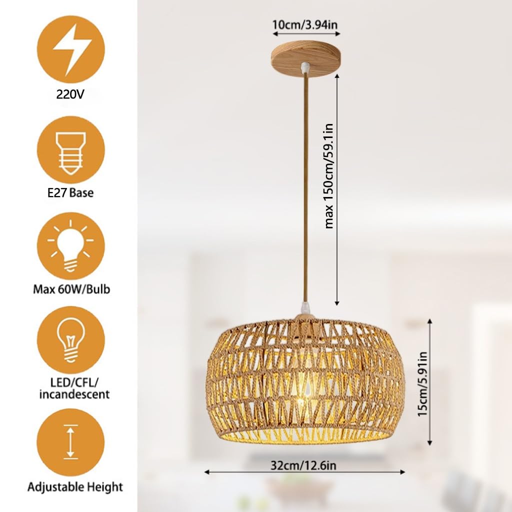 E27 Lampada A Sospensione Rustica Lampadario Rattan Paralume Rattan Lampadario Soggiorno A Sospensione Lampadario Vimini Boho Plafoniera Per Cucina Sala Sala Da Pranzo Camera Da Letto(A)