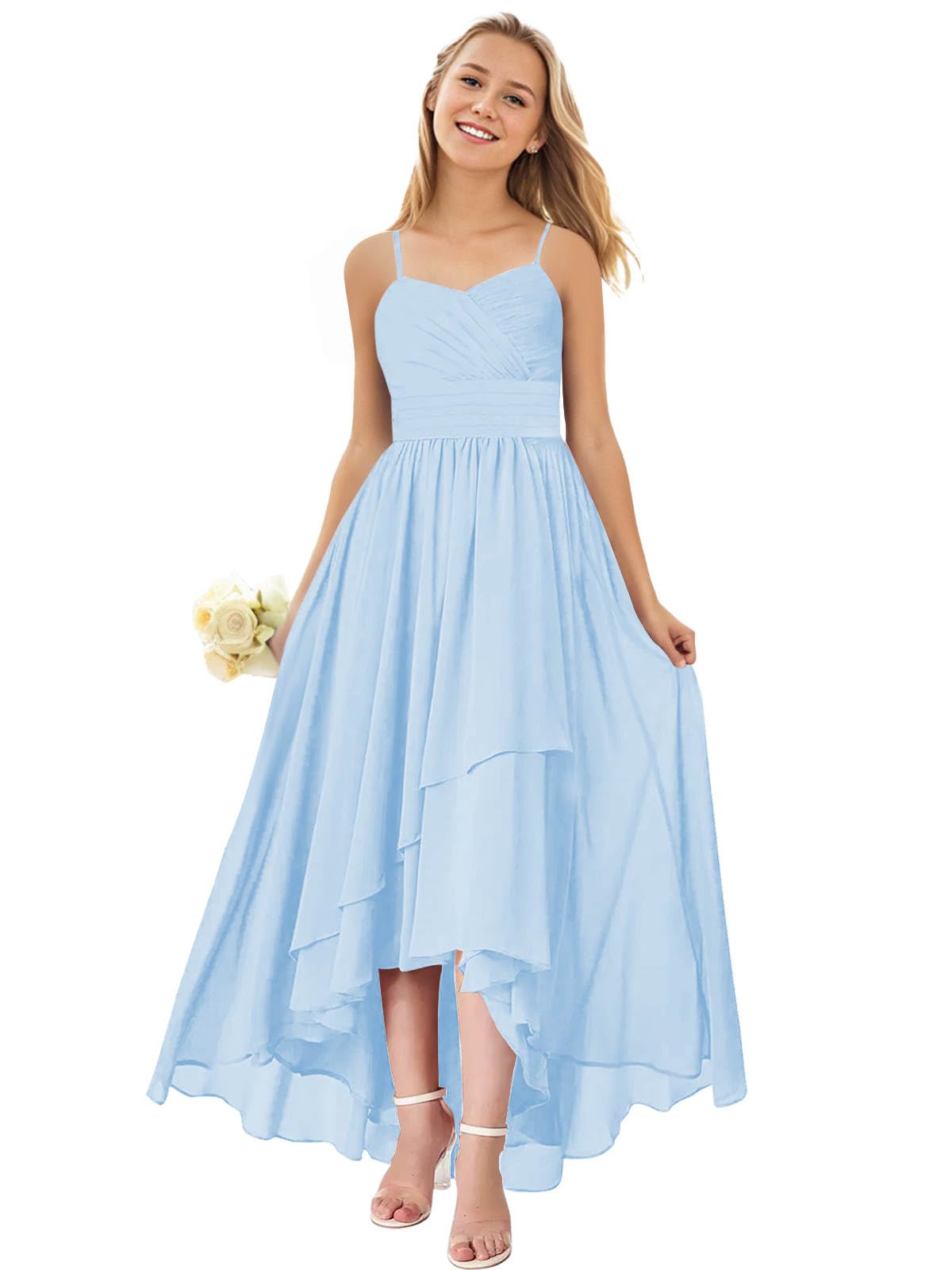 LANGKAAO Junior Bridesmaid Dresses for Wedding High Low Chiffon Pleated Spaghetti Straps Formal Party Gown