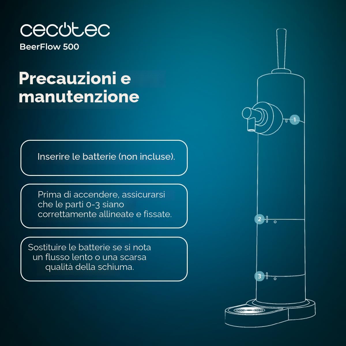 Cecotec Dispensatore di Birra Portatile per Latta e Bottiglie BeerFlow 500. Funziona con Batterie AA da 1,5V, Controllo della Schiuma, 2 Modalità, Facile da Pulire e Conservare, Design Compatto