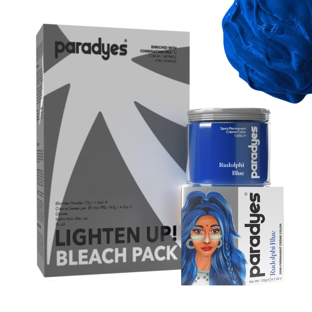 Paradyes Semi-permanent Rudolphi Blue DIY Conditioner Based Hair Colour 120 gm and Lighten Up! Bleach Pack 30 Vol. for all Hair Types