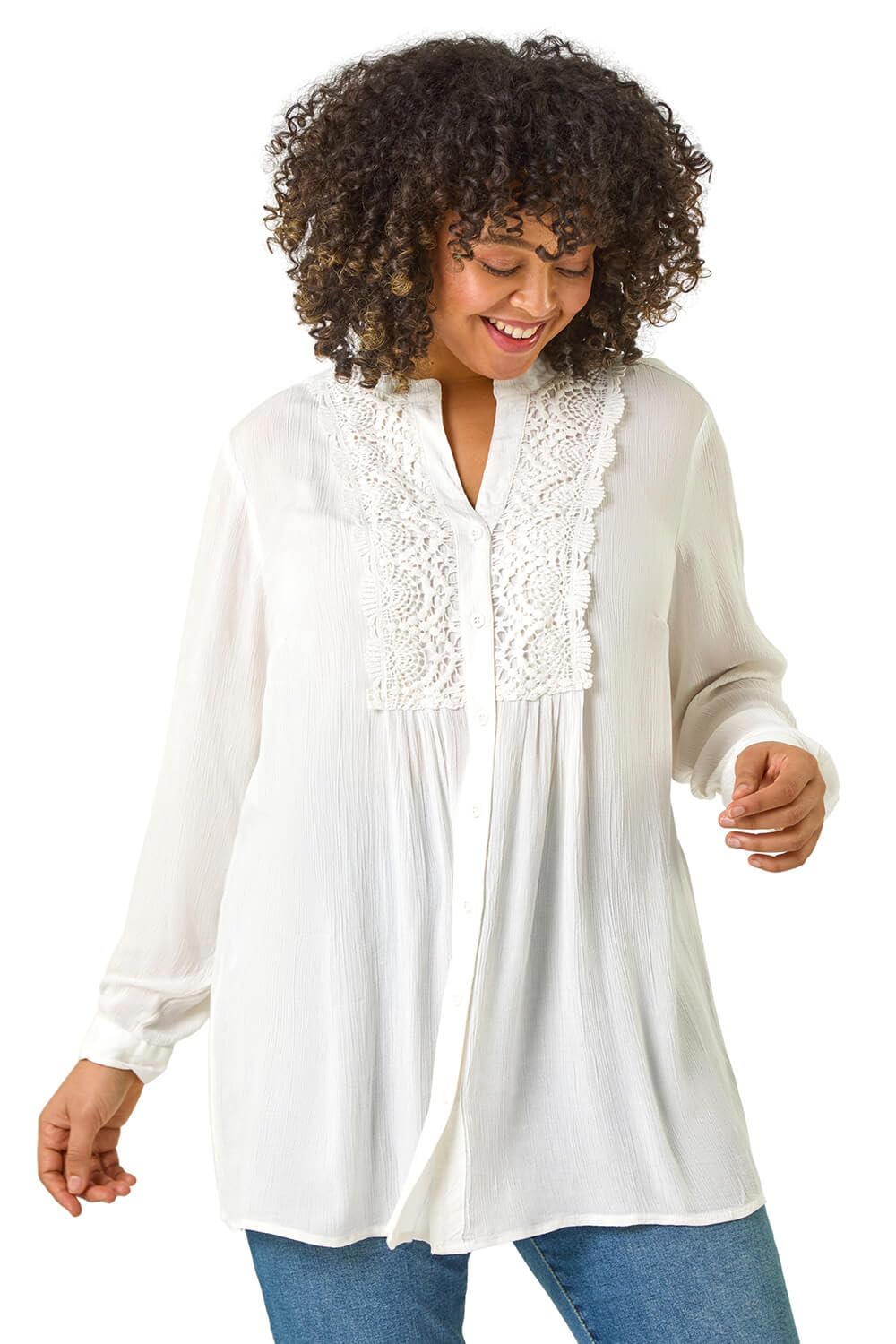Roman Curve Lace Trim Pintuck Blouse for Women UK - Ladies Everyday Holiday Spring Summer Notch Neckline Comfy Soft Evening Vacation Work Party - Ivory Plus - Size 18