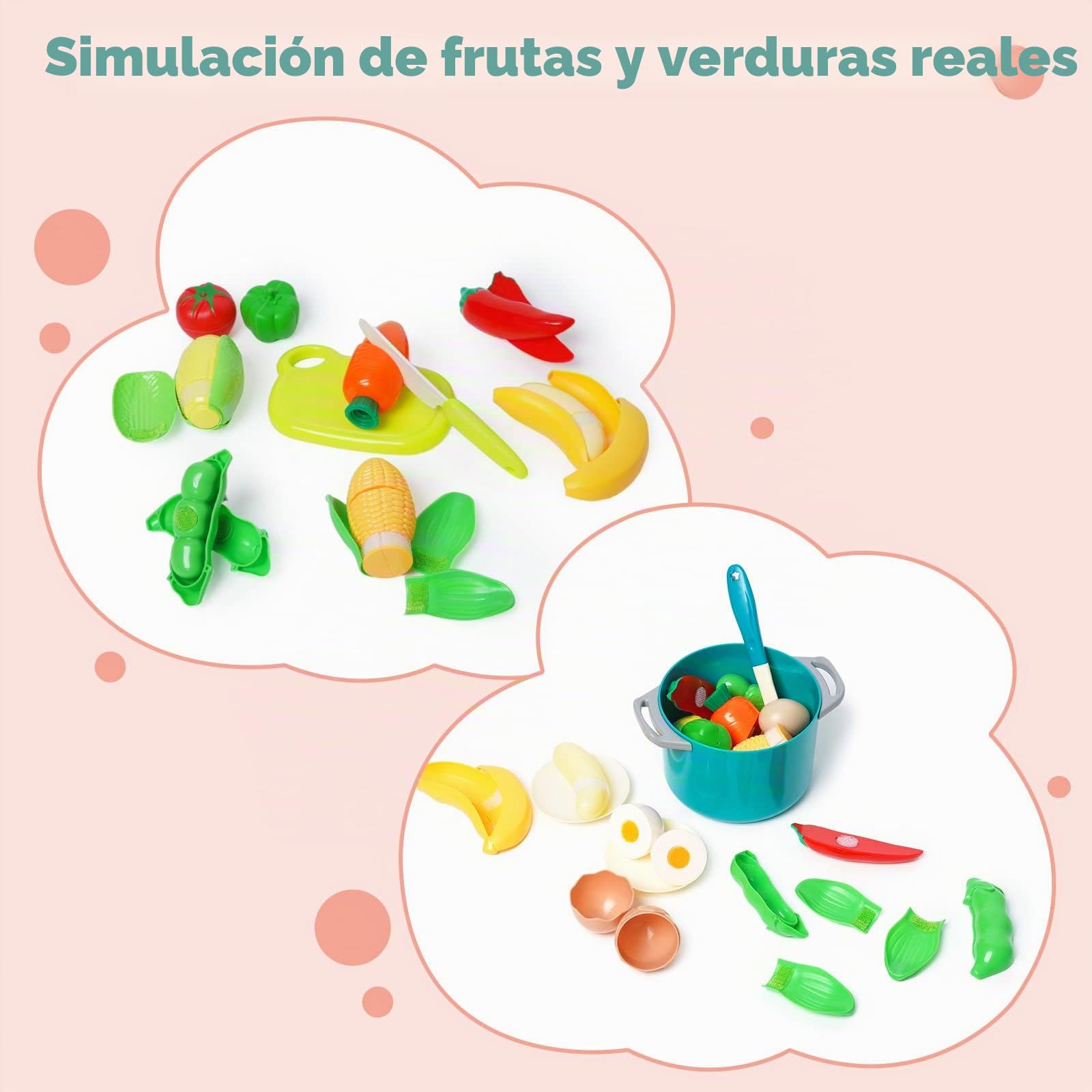 Juguetes de Cocina para niños Accesorios, 61 Piezas Utensilios Cocina Juguete con Ollas y Sartenes, Frutas y Verduras para Cortar, Juego de Roles de Chef Infantil, Regalo para Niñas Niños 3 4 5 Años