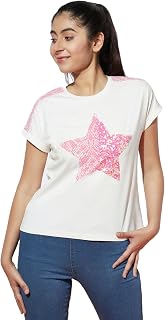 SPUNKIES Cotton Tshirt for Girls - Girls Tshirt with Star Sequence Print - T Shirt for Kids Girl - Graphic Print Tops Price In India