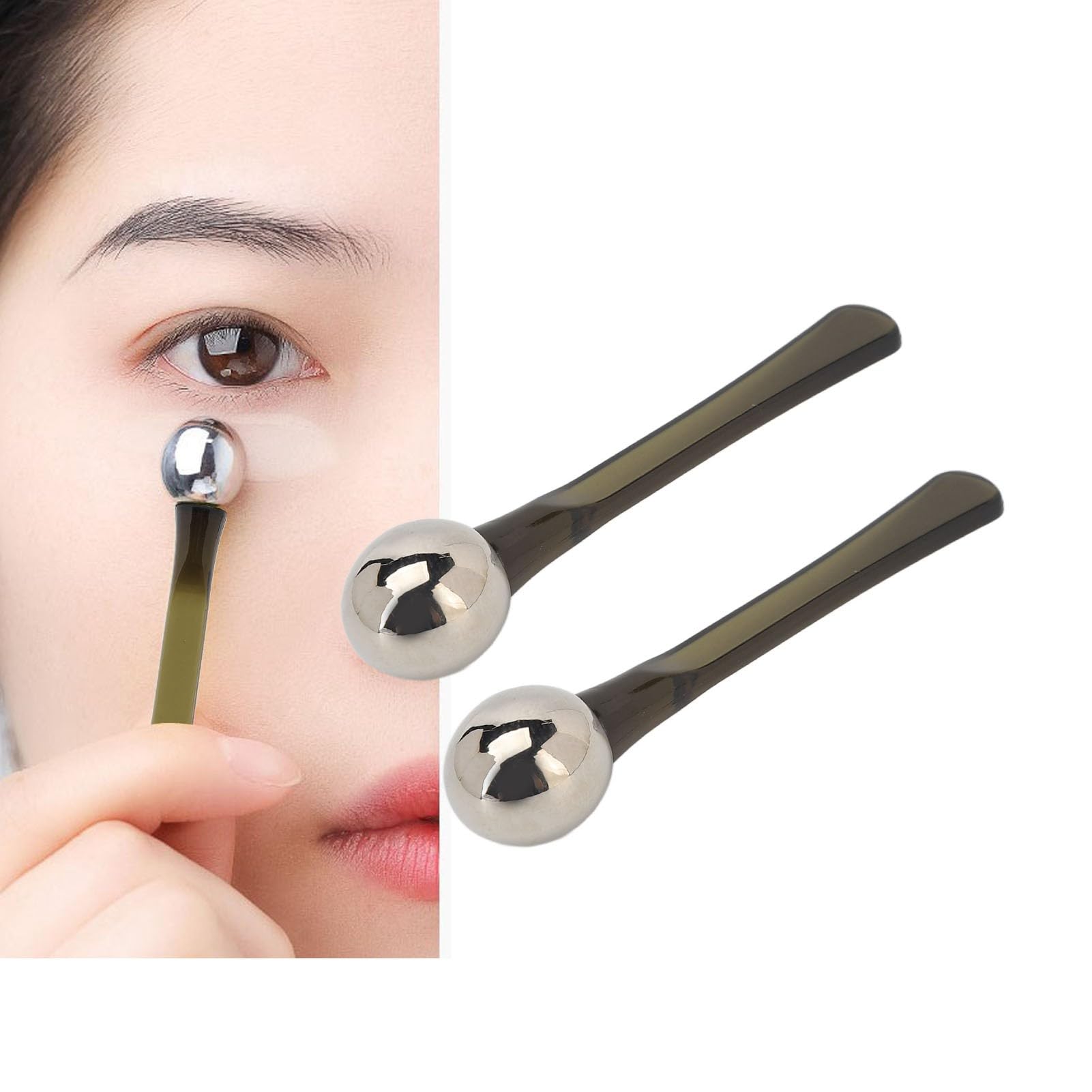 Aplicador de Crema para Ojos de 2 Piezas, Bolas de Rodillo de Aleación de Zinc, Masajeador, Cuchara para Crema, Aplicador para el Cuidado de los Ojos, Varita para Reducir el