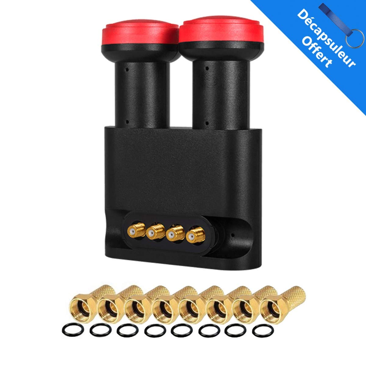 Megasat LNB Monobloc Quad Astra HOTBIRD 4 Sorties 0,1dB Full HD 3D 4K + 8 Fiches F Or