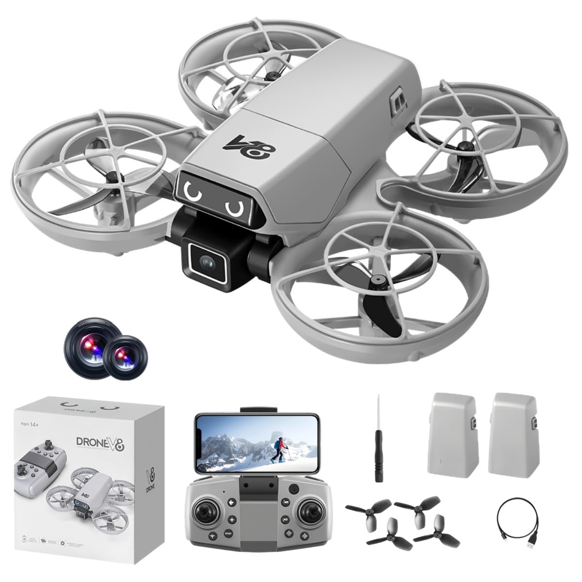Mini Remote-Control Drone With Camera, A Quadcopter Featuring a Full-Guard Propeller Design to Reduce Collision Risks, With Cool LED “Eye” Lights and Flashing Tail Lights. Obstacle Avoidance, Optical-image-1