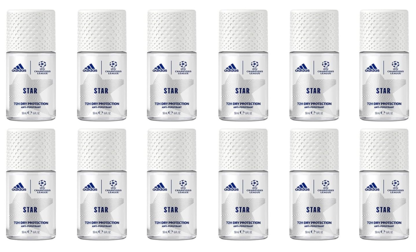 12x adidas STAR UEFA Champions League Deo Roll-On Anti-Transpirant 72H Extra Frische, mit aromatisch-zitrischen Duftnoten Schutz gegen starkes Schwitzen & Körpergeruch 50ml (12er Pack)