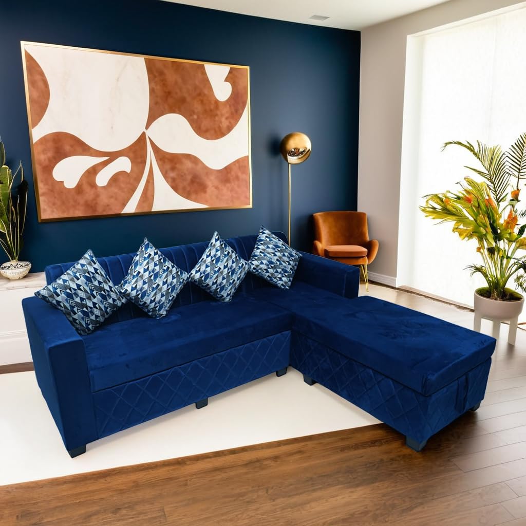 ShivajiSofa Velvet L-Shape Sofa with Chaise Lounge with Storage for Living Room, Left or Right Aligned 5 Seater, Solid Sal Wood Leatherette Upholstered, Blue Color ShivajiSofa Velvet L-Shape Sofa with Chaise Lounge with Storage for Living Room, Left or Right Aligned 5 Seater, Solid Sal Wood Leatherette Upholstered, Blue Color