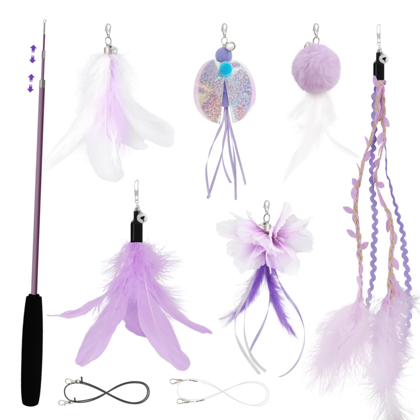 SONGWAY Cat Feather Wand Toy - 7 Pcs Cat Feather Toys, 1 Retractable Teaser Wand and 6 Tassel Dragonfly Cat Toys Refills, Interactive Cat Toys for Indoor Cats Kittens, Purple
