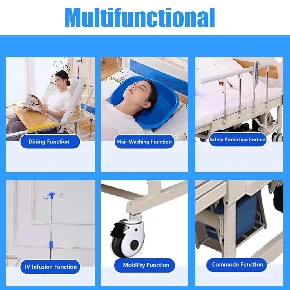 Letto ospedaliero elettrico Premium per terapia intensiva, inclinazione laterale, letto medico elettrico con materasso e asta portaflebo, tavolo da pranzo e ruote da con freno (bed)