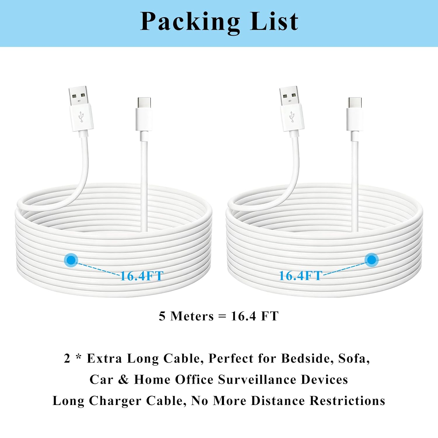 2-Pack 16.4FT USB-A to USB-C Power Cable Compatible with Ring Indoor Cam Plus & Ring Pan-Tilt Indoor Cam (2024 Release), Long Extension Cord Charging Cable for Continuous Power, White