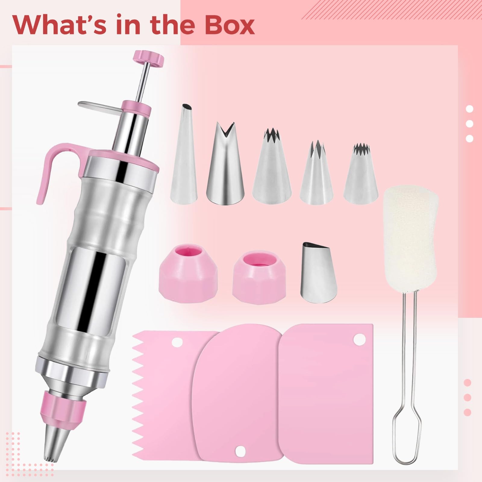 13-teiliges Kuchen-Dekorationsset, Spritzbeutel mit Edelstahl-Tüllen, Buttercreme-Dekorationsset, Glatte Schaber, Backzubehör für Cupcake-Dekoration, Pink