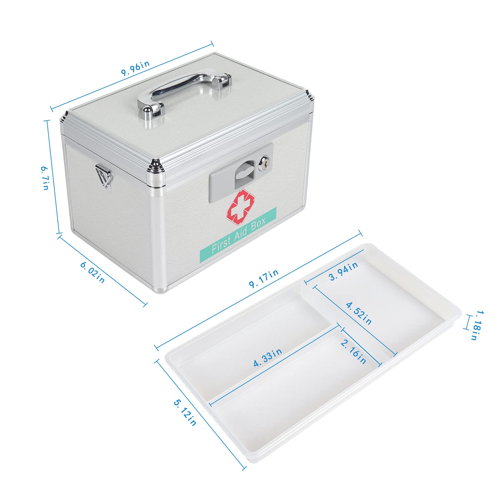 Portable Medical Lockable Box, Aluminum Emergency First Aid Kit 10 Inches Home Mmedicine Box with Key Lock