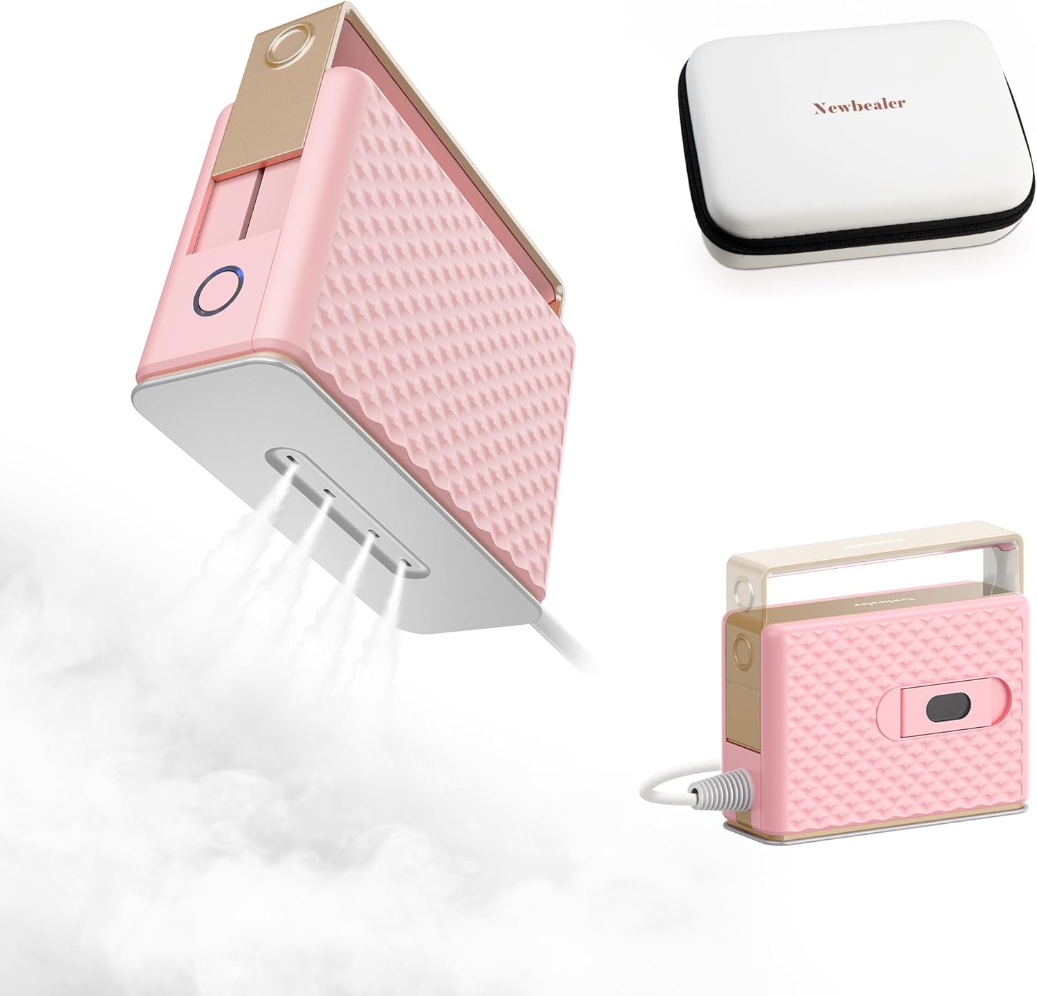 Newbealer Travel Steam Iron for Clothes, Global Voltage 100-240V Handheld Steamer, 293℉ Dry Iron, Non-Stick Ceramic Soleplate, Horizontal & Vertical Steaming, Auto-off, Silicone Mat & Carry Bag (Pink)