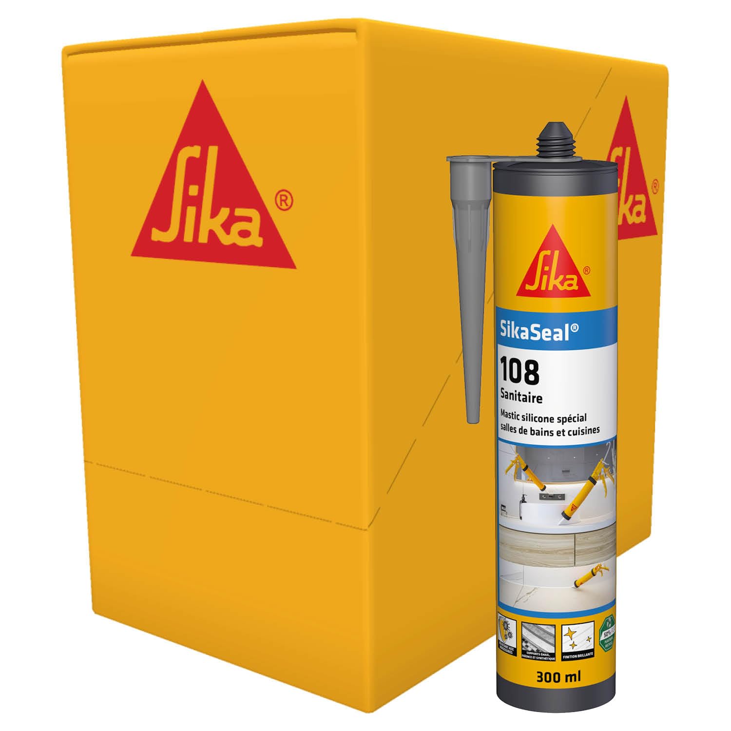SIKA - Mastic Cuisine & Bain - SikaSeal 108 - Gris - Carton 12x300ml | Joints silicone sanitaire longue durabilité sur multi-supports - Anti-Moisissures - Idéal pour travaux de plomberie