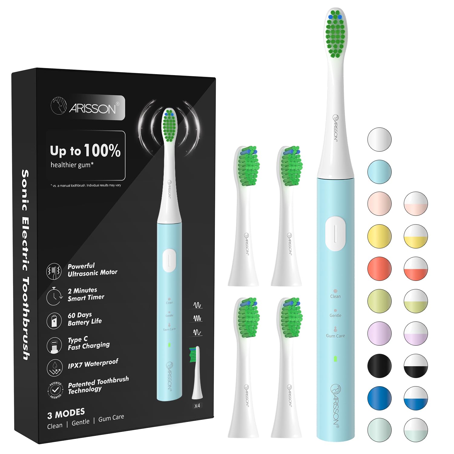 Arisson Sonic Electric Toothbrush for Adults and Kids with 4 Brush Heads, Type C Fast Charging, 40,000 VPM, 3 Mode with 2 Minutes Smart Timer, 1.6 Oz-White on Jet Stream-image-23