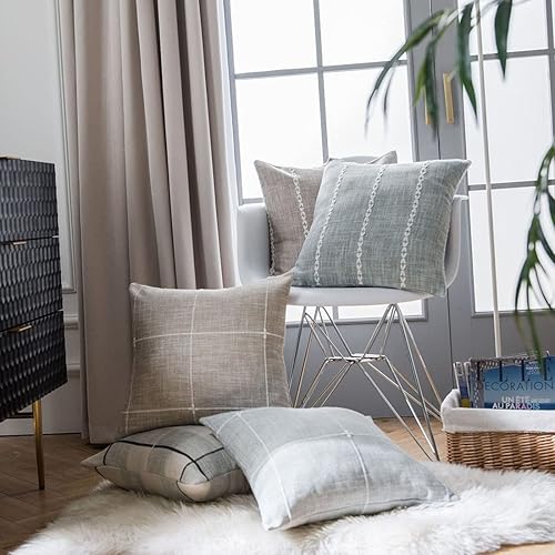 Miniatura 4 de vctops Funda de cojín decorativa de lino y algodón con entramado rústico para sofá, dormitorio, sofá (café a cuadros, 24 x 24 pulgadas)