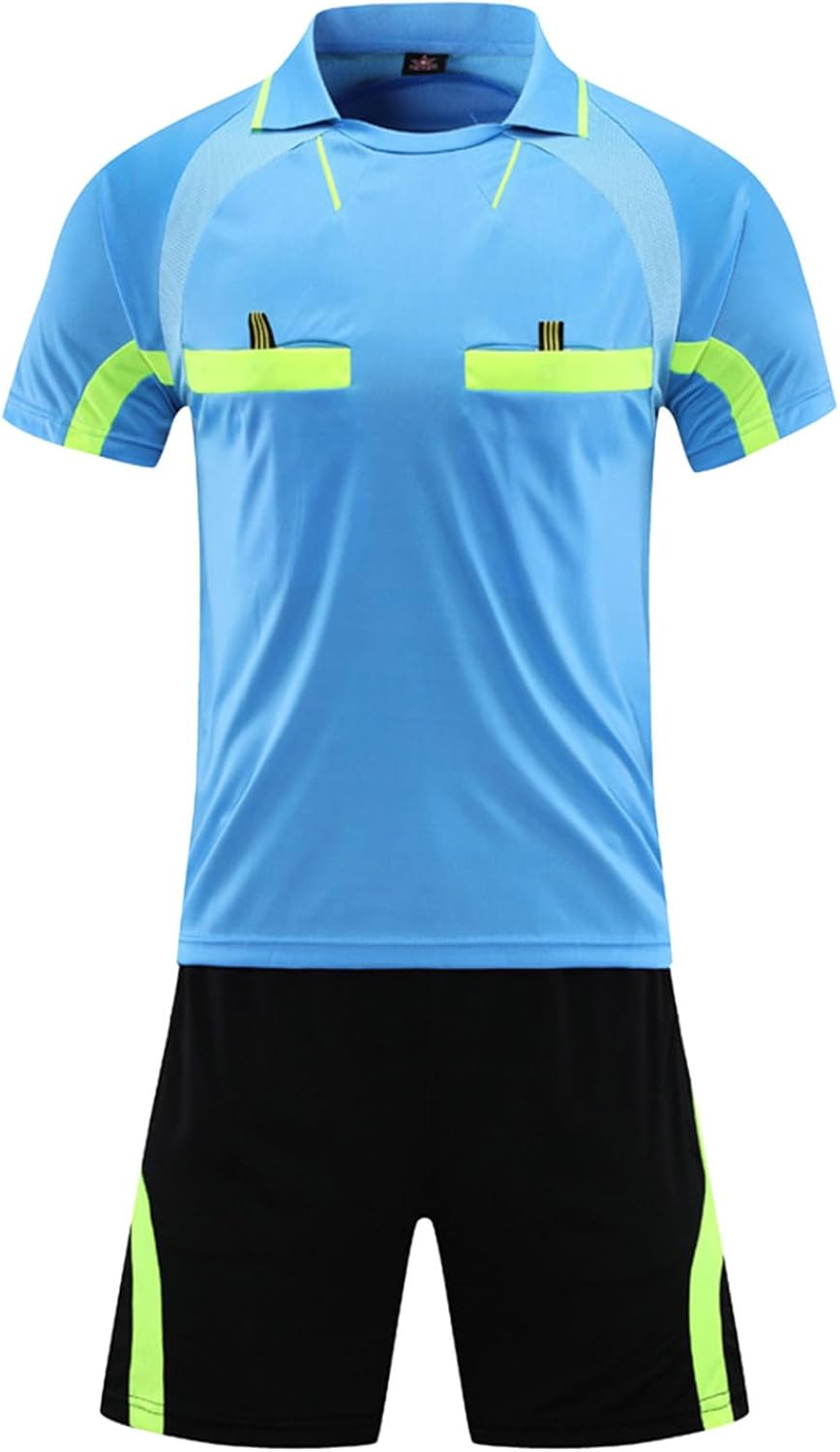 Mens Soccer Referee Costume Short Sleeve T-shirt Referee Soccer Jersey and Shorts Set with Pockets Tracksuit