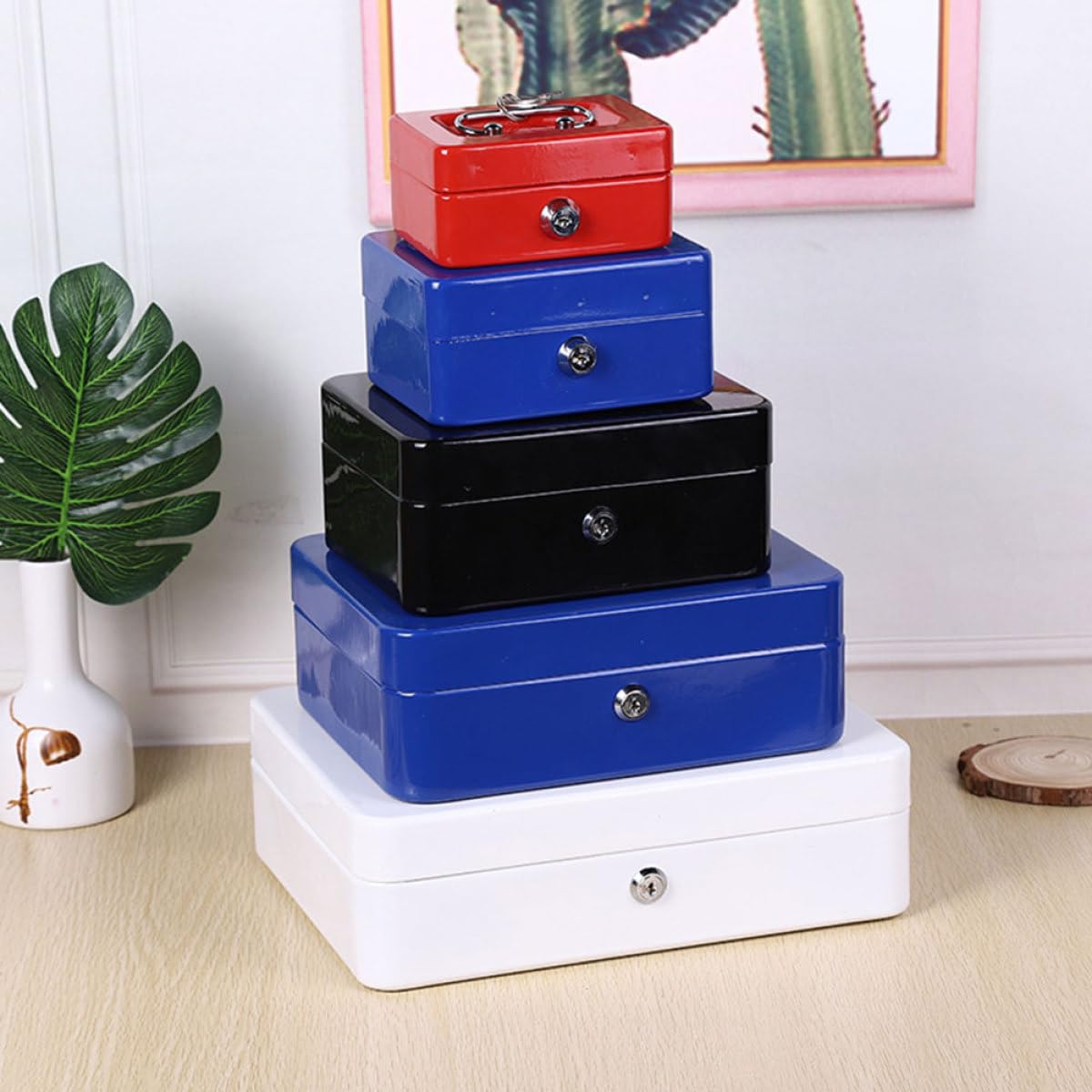 Boîte à Monnaie en Métal Bleue avec Serrure à Clé, Double Couche | Plateau Intérieur à Six Compartiments, pour Pièces, Bagues et Clés, Format Portable