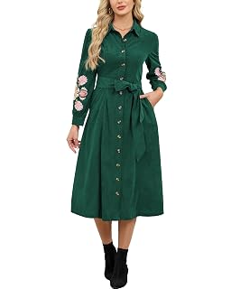 Women’s Corduroy Embroidered Maxi Shirt Dress Long Sleeve Button Down Belted Casual Spring Fall Western Long Dresses - Amazon product rated Grade A
