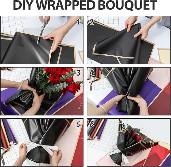 Image of Zarwani - 30 Sheets Korean Style Waterproof Black Bouquet Wrapping Paper (58cm x 58cm, 60 Microns) | Golden Border Design, Giftwrap for Flowers & DIY Gift Wrapping Paper (30, Gold Border Black)