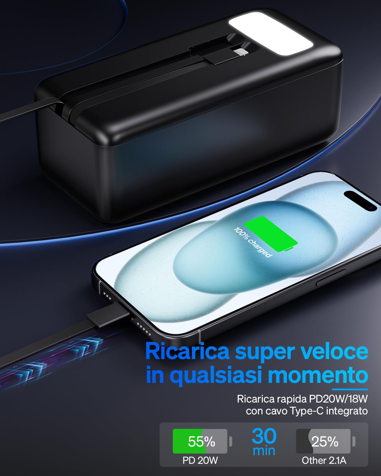 Power Bank Powelephant da 50000 mAh con cavo integrato: batteria esterna a ricarica rapida da 22,5 W con grande capacità, caricabatterie portatile con torcia LED e 7 uscite e 3 ingressi-Nero
