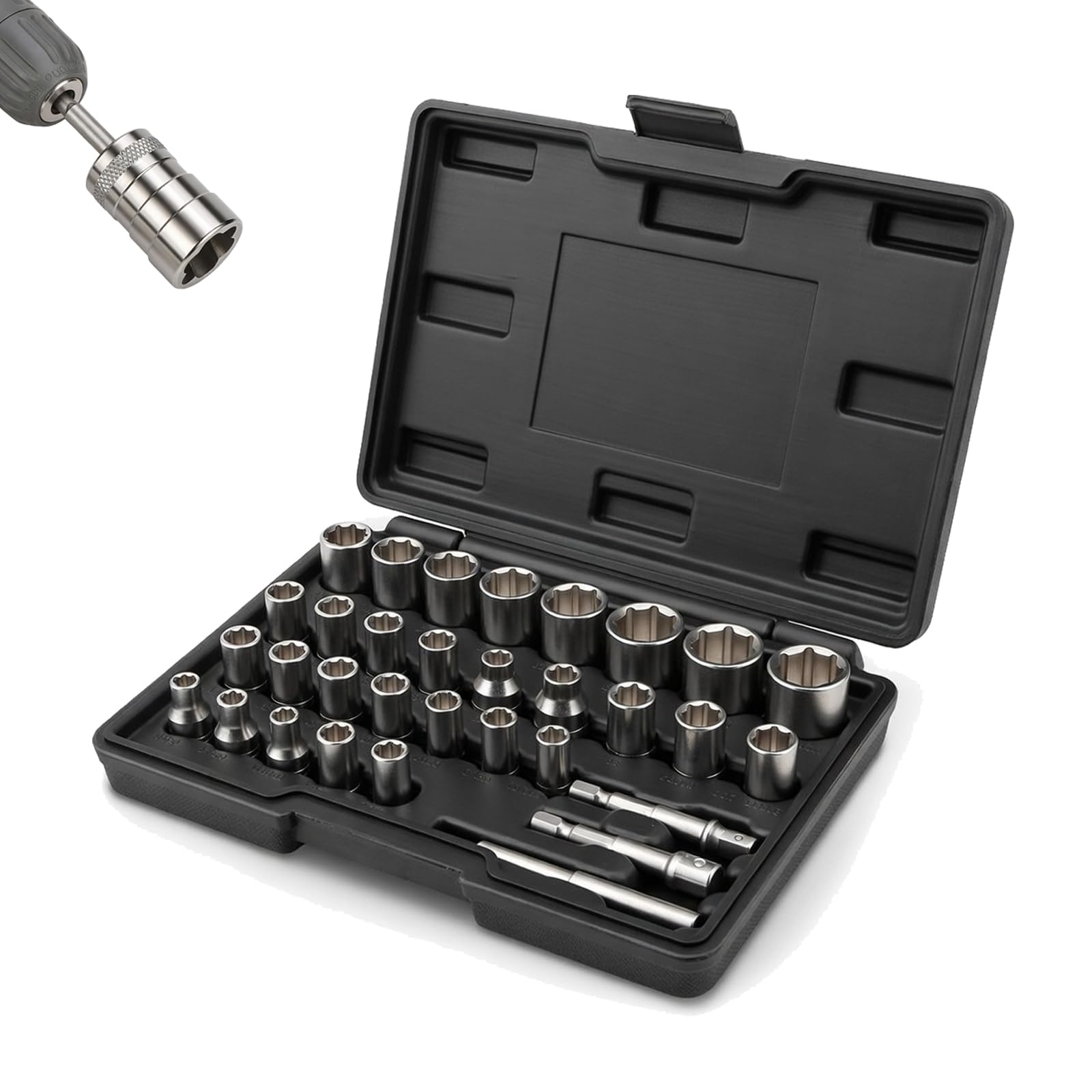 Juego Extractor De Tornillos 32 Piezas, Vasos Extractores 3/8" Y 1/4" Perfil Espiral, Para Tornillos Y Tuercas Dañadas Oxidadas O Gripadas, Acero Cr-Mo Con Adaptador Rápido