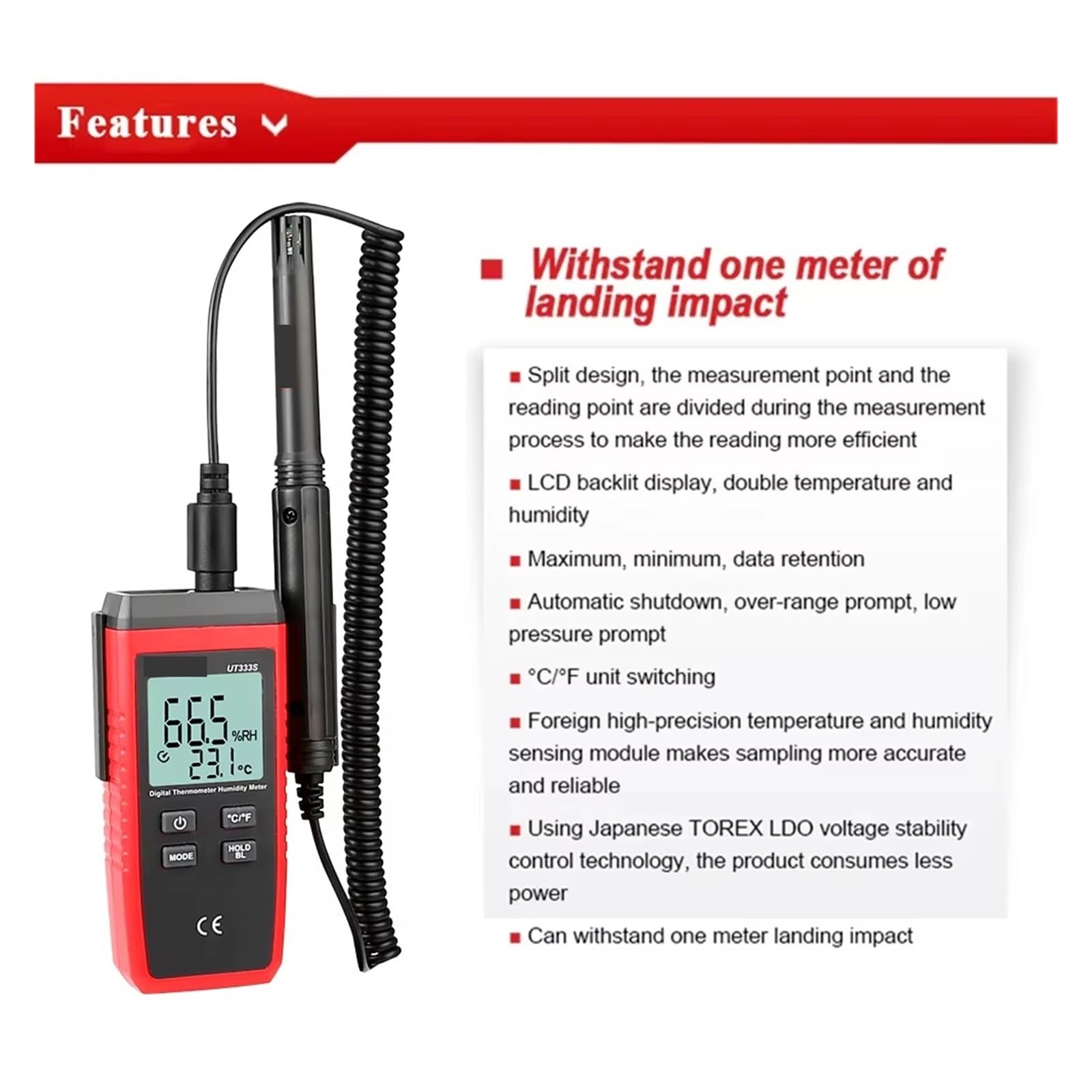 Medidor de temperatura y humedad UT333S, termómetro higrómetro digital 2 en 1, sensor de temperatura y humedad de tipo dividido.