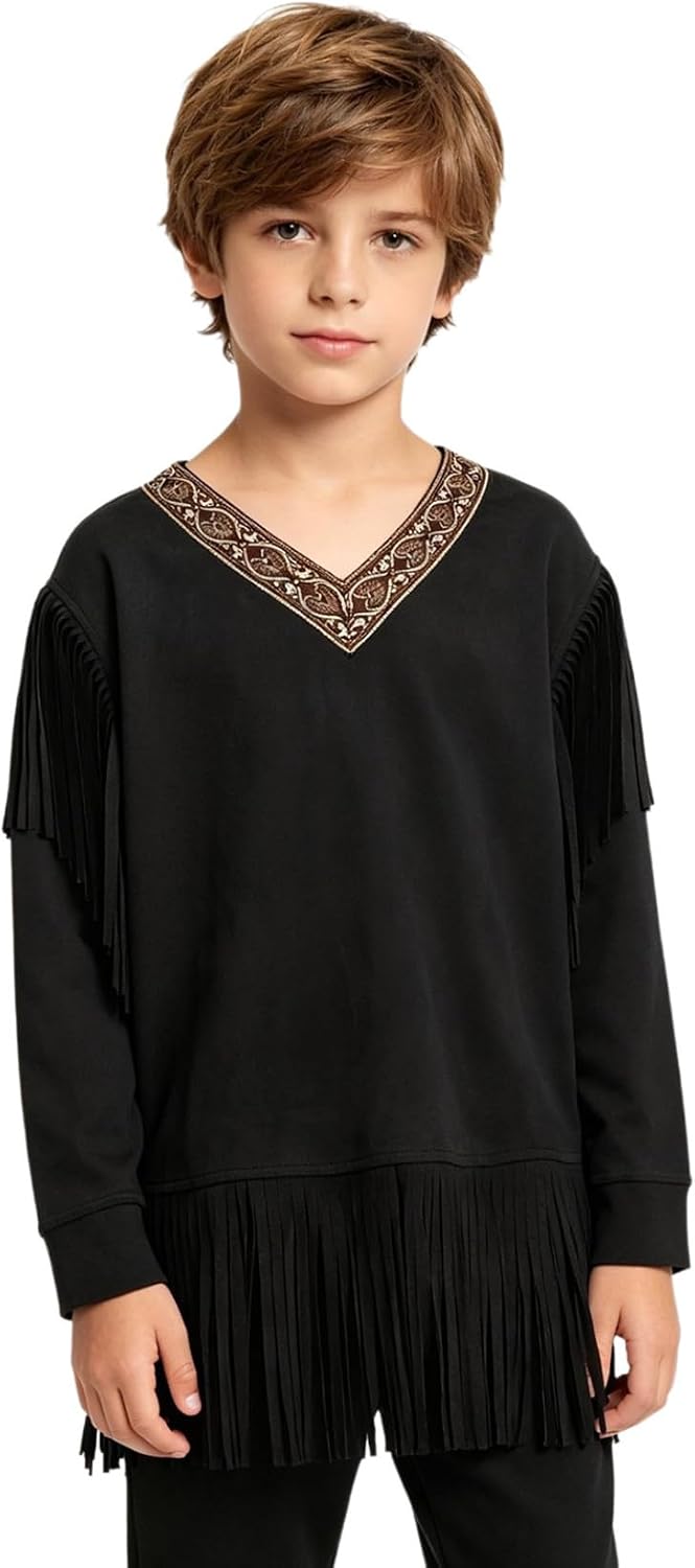 Indigenous Kids Clothes Long Sleeve V Neck Stage Performance Faux Suede Fringe Top Tassel Shirt