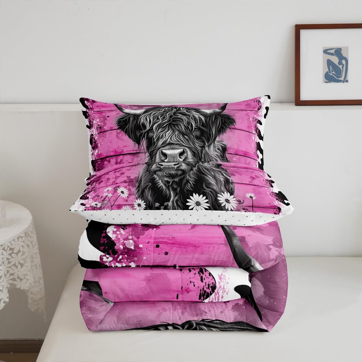 Erosebridal Highland Cow Twin Bedding Set,Pink Floral Cow Print Comforter Set for Kids Teen Girls,Western Cowgirl Farmhouse Bed Set Longhorn Bull Cattle Bedding Comforter Sets,1 Pillowcase