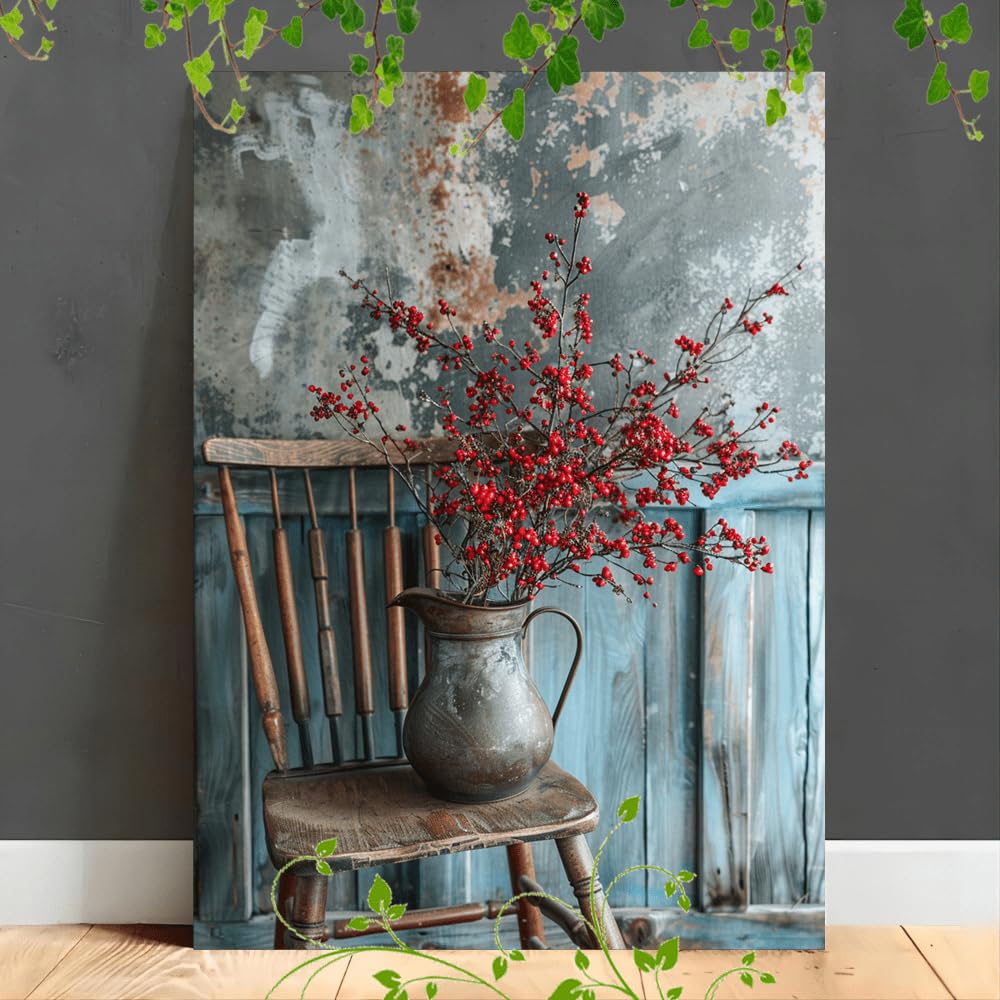 peiyeety Chair Metal Pitcher Red Berries Aluminium Metal Tin Sign Home Plaque Poster Home Bar Pub Wall are Decor New 8"x12"