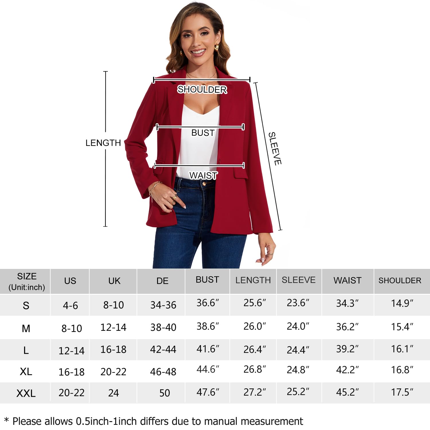 Blazer para mujer, chaqueta de un botón, chaqueta con muescas, casual, elegante, clásico, formal, manga larga, traje de trabajo con solapa
