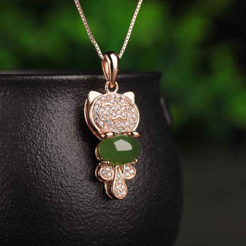 XinglingWomen's 925 sterling silver plated rose gold inlaid with Tian Yu Jade cat pendant necklace, novelty jewelry gift box,BLCE-02