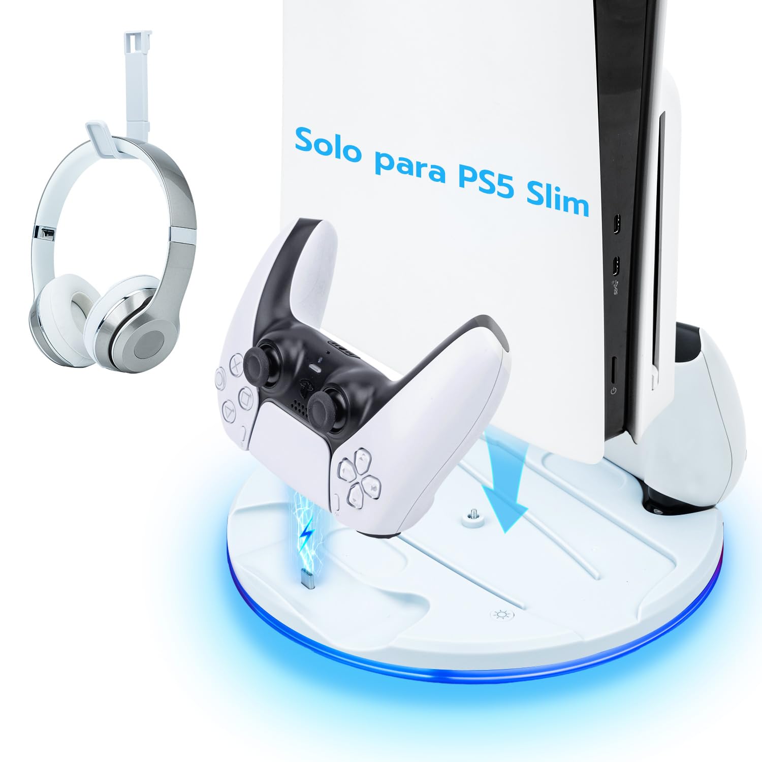 Soporte para PS5 Slim, Estación de Carga con LED para PS5 Slim Digital/Disc Edition, Base de Cargador para Controlador Dual PS5 con Soporte para Auriculares - Blanco - No para PS5/PS5 Pro