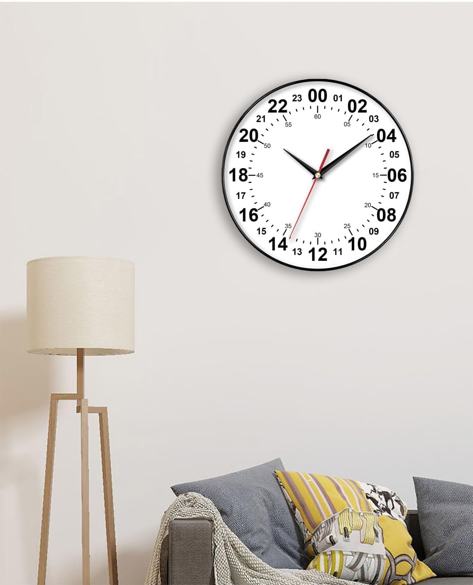 24 Hour Wall Clock 12 Inch Round Wall Clock Easy to Read White Dial Modern Simple Style Decor Clock for Home/Office/Kitchen/Bedroom/Living Room