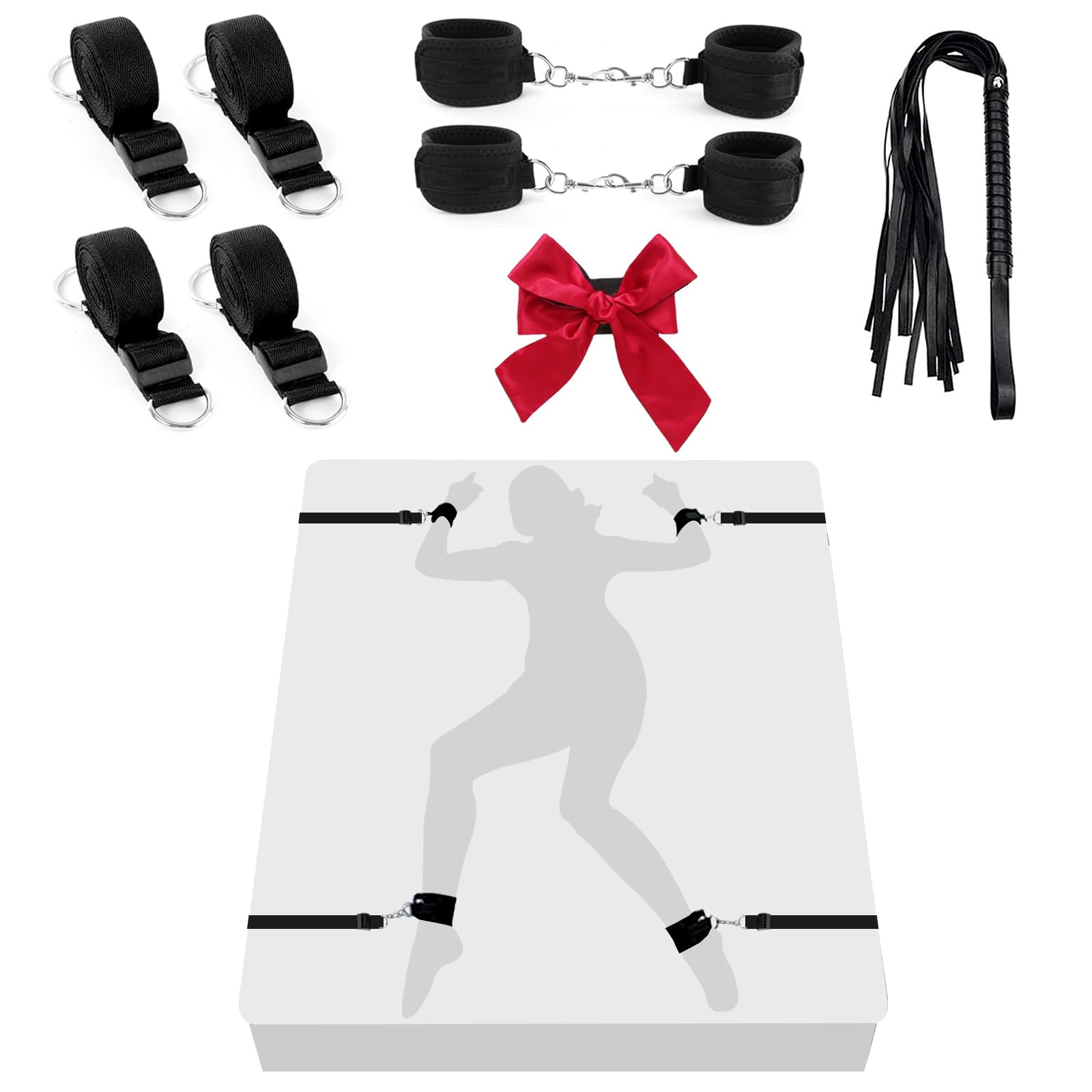 Sex Bondage Restraints, BDSM Toys SM Versatile Bed Restraints Couple Sex Toys with Sex Straps Bondage Cuffs Blindfold & Whip BDSM Kit, Adult Toys Bondage Gear & Accessories for Couples Sex Game