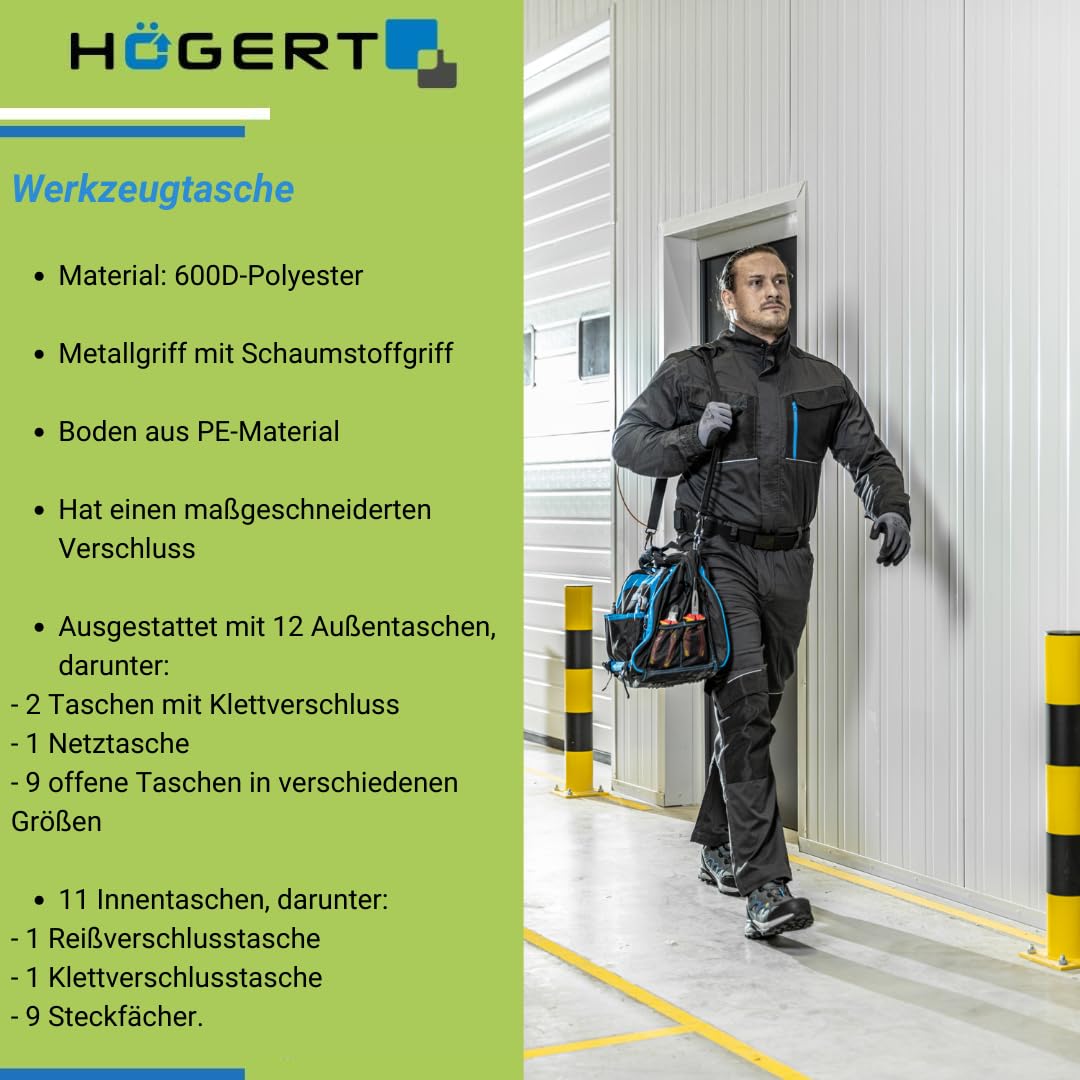 Högert Technik - Borsa porta attrezzi (41,5 x 22,5 x 31 cm) | Borsa professionale multifunzione impermeabile | in poliestere 600D | Fondo in polietilene | con 12 tasche esterne e 11 tasche interne