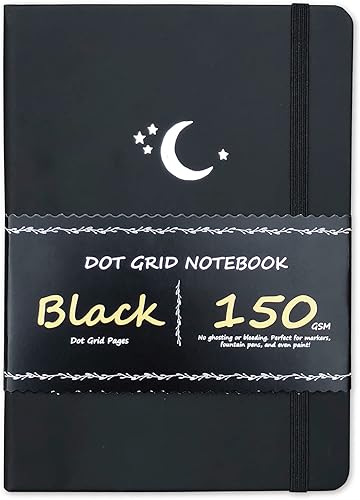 Miniatura 7 de Diario de puntos con viñetas, cuaderno de cuadrícula de puntos, papel negro de 5.75 ozm, 160 páginas negras, para mujeres y hombres, tapa dura de