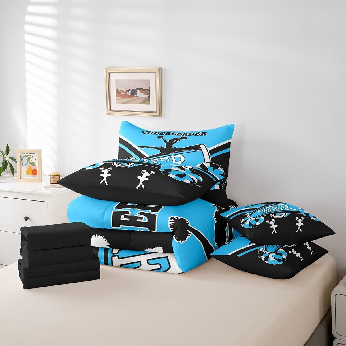 Cute Cheerleader Twin Comforter Set 7-Piece Black and Blue Bedding Comforter Sets, Cheerleading Bed in a Bag Dancer Theme Bedding Set, Cheerleading Dance Bed Sheets Set for Girls Bedroom Decor