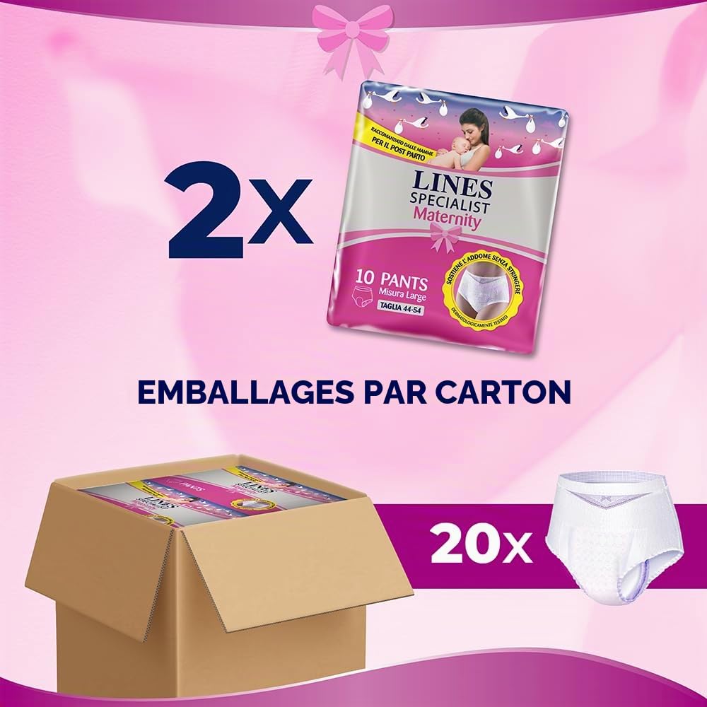 Lines Specialist Maternity Lot de 20 culottes absorbantes avec support d'abdomen et absorption rapide pour fuites post-accouchement, taille L