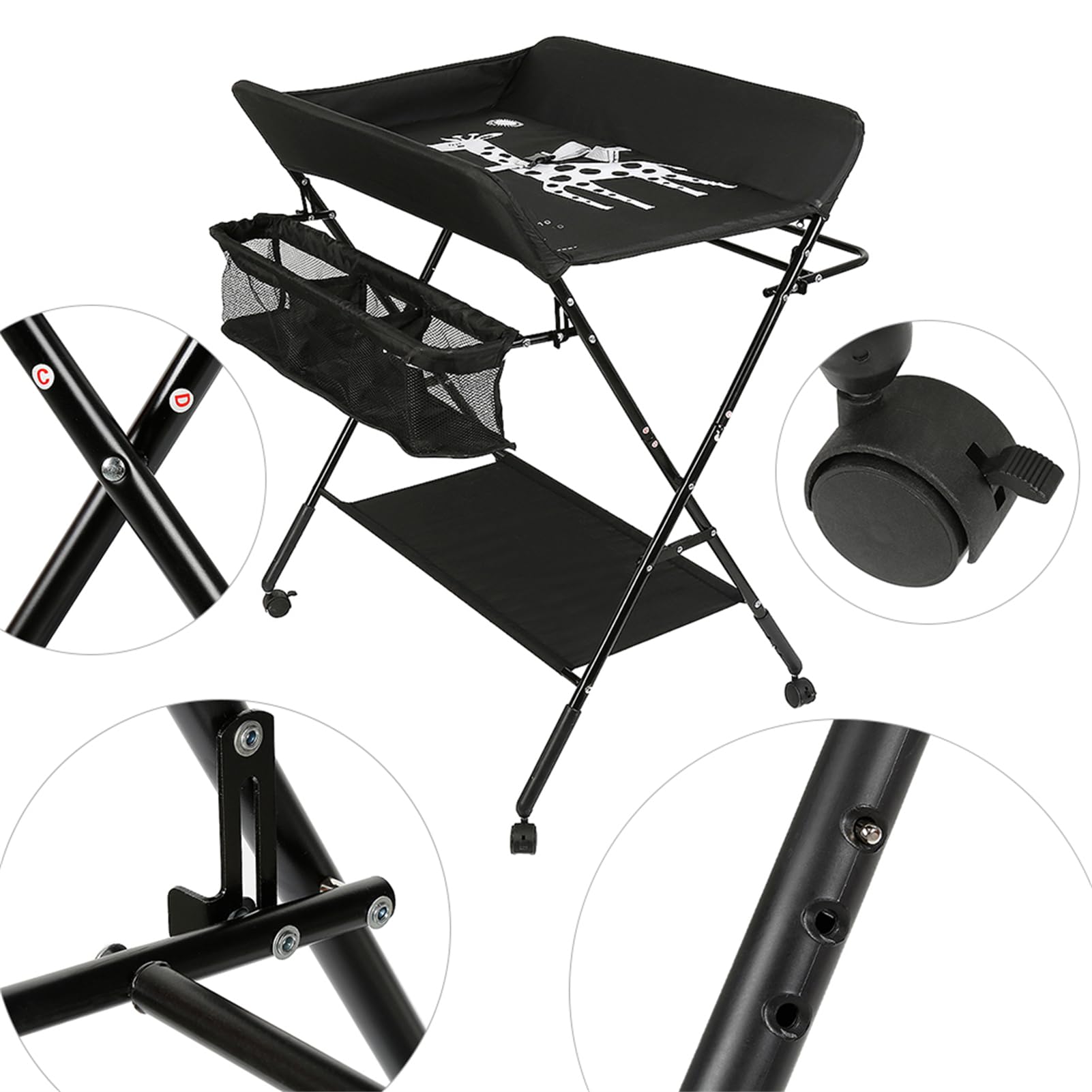 Homewell Cambiador de bebé plegable, con cambiador, cinturón de seguridad, compartimentos, bonito patrón e indicación de altura, estable y cómodo (negro)