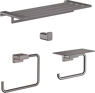 AddStoris Accessory Kit with Towel Rack, Towel Ring, Toilet Paper Holder w/Shelf, and Single Hook in Brushed Black Chrome