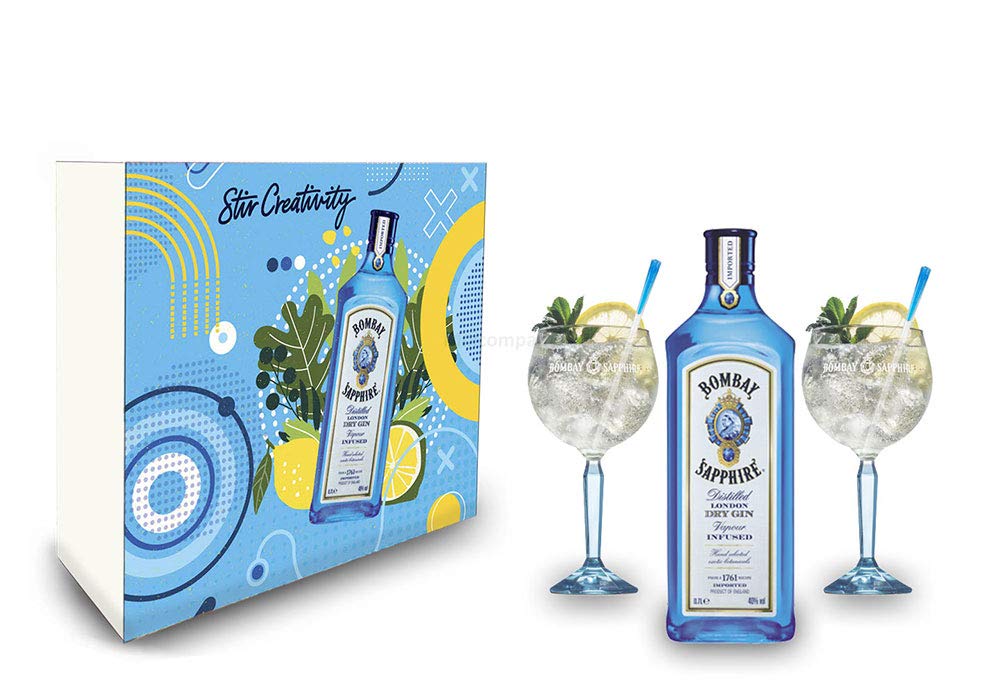 Bombay Sapphire Schuber Geschenkset - London Dry Gin 0,7l 700ml (40% Vol) + 2x Stirrer + 2er Set Ballon Glas