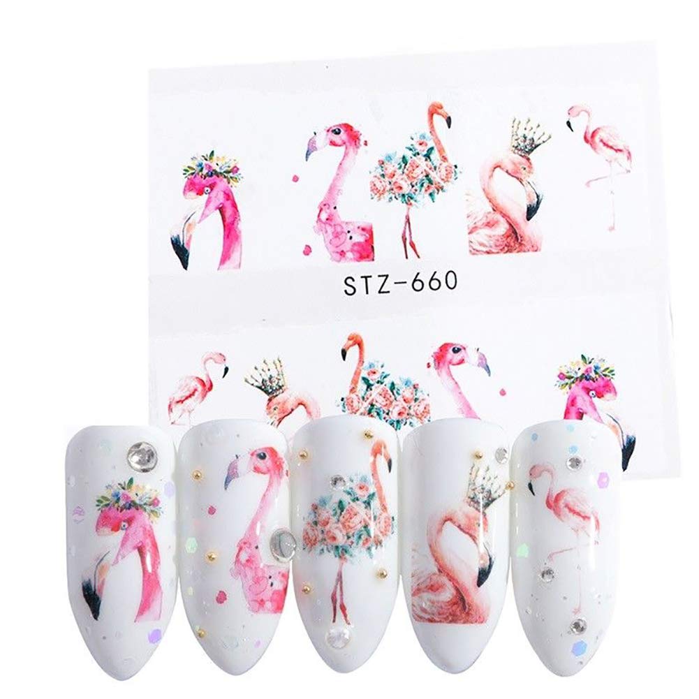 ZHOUBA Nail Art Stickers Decals 15Pcs Fashion Flamingo Floral Water Transfer Nail Art Stickers Manicure Decal