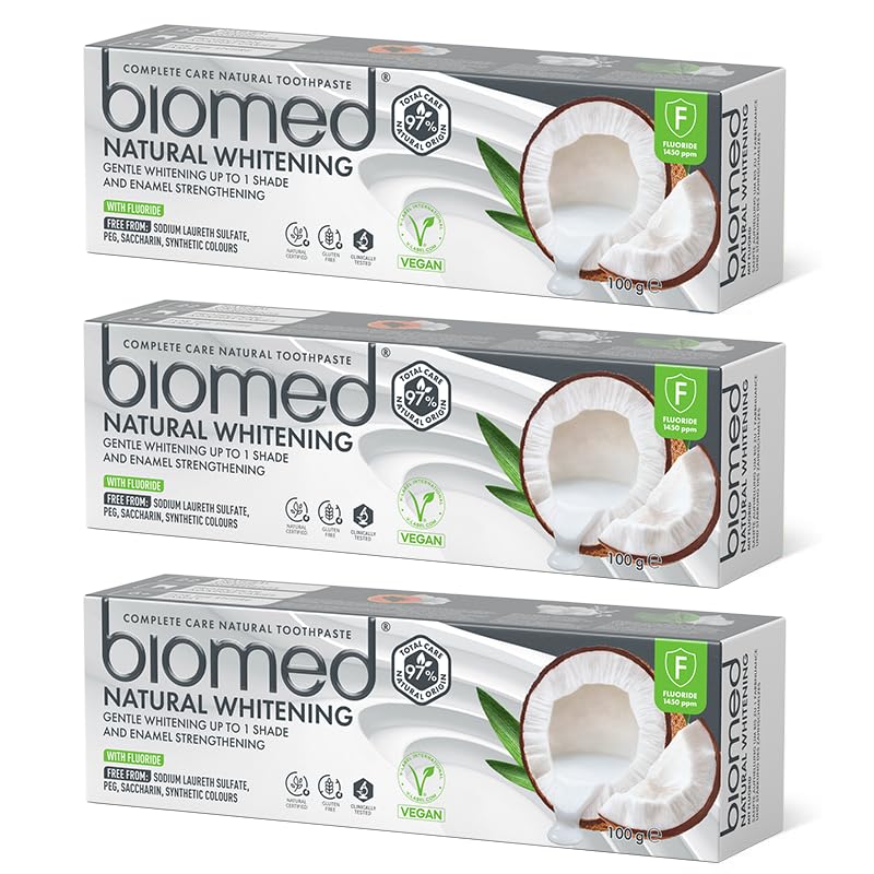 Pasta de dientes blanqueadora 97% natural Biomed Coconut Oil | Blanqueamiento delicado y refuerzo del esmalte | Apto para veganos, no contiene SLES, contiene flúor, 100 g​ | Paquete de 3